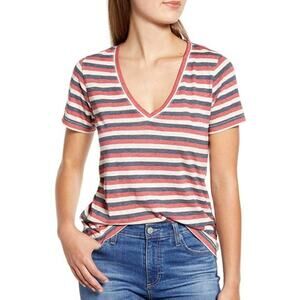 Lucky Brand V-Neck Red/White/Blue Striped Venice Burnout Short Sleeve Tee Size M